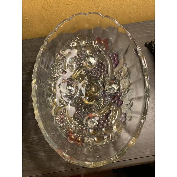 Vintage Indiana Glass Clear Footed‎ Fruit/Salad Oval Iridesent Bowl Grape Color - Picture 4 of 9